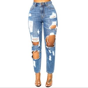 High-Waisted Distressed Jeans